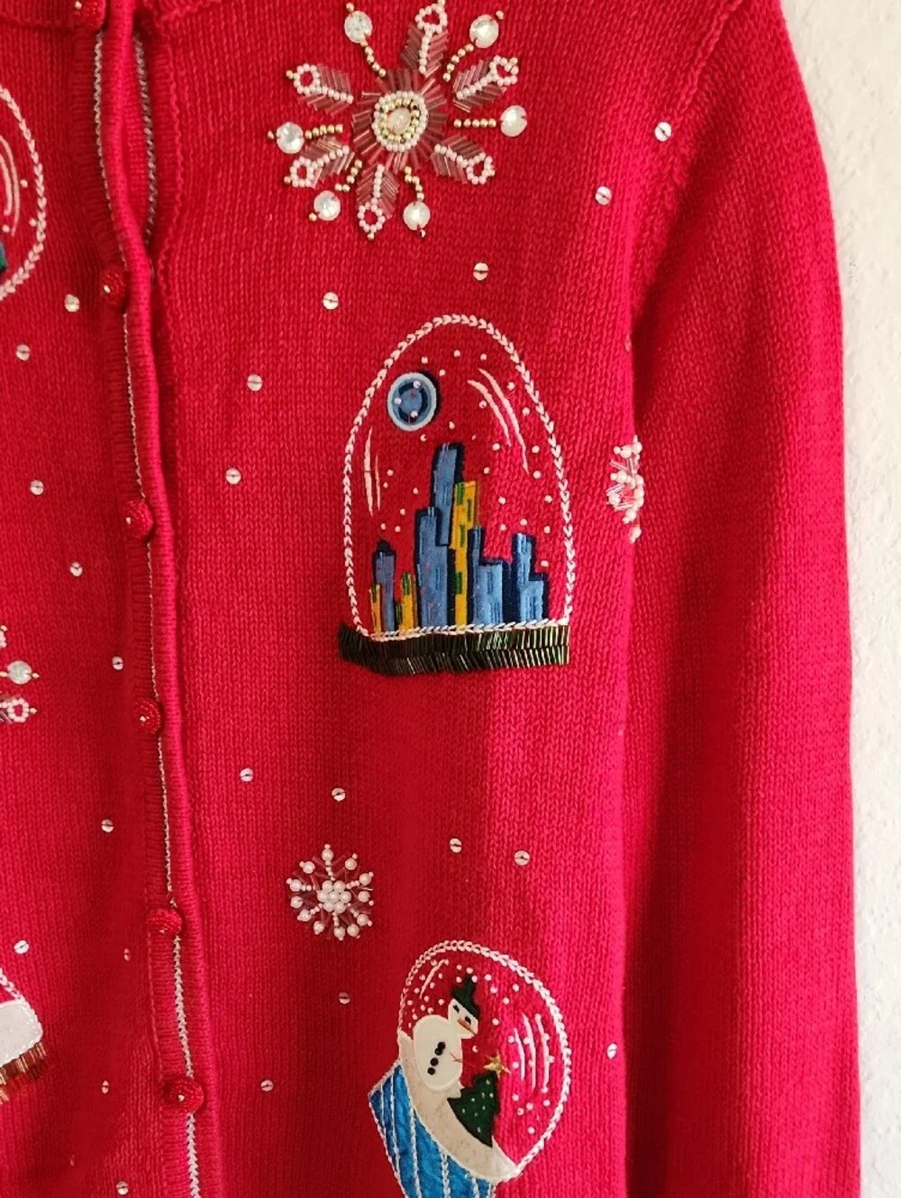 Vintage All Points Ramie Cotton Beaded Snow Globe Christmas Cardigan Medium